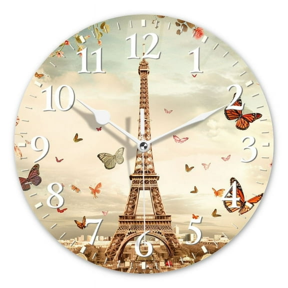Personalized Wall Clock Non-Ticking Silent Clocks Battery Operated Round Clocks Decorative for Bathroom,Office-Eiffel Tower Surrounded By Butterflies And Roses(12inch)