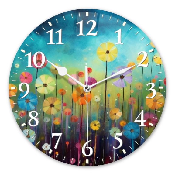 Decorative Round Wall Clocks Non-Ticking Silent Battery Operated Clocks with Photo for Bedroom,Living Room-Field Of Wildflowers Painted In Vibrant Colors(10inch)