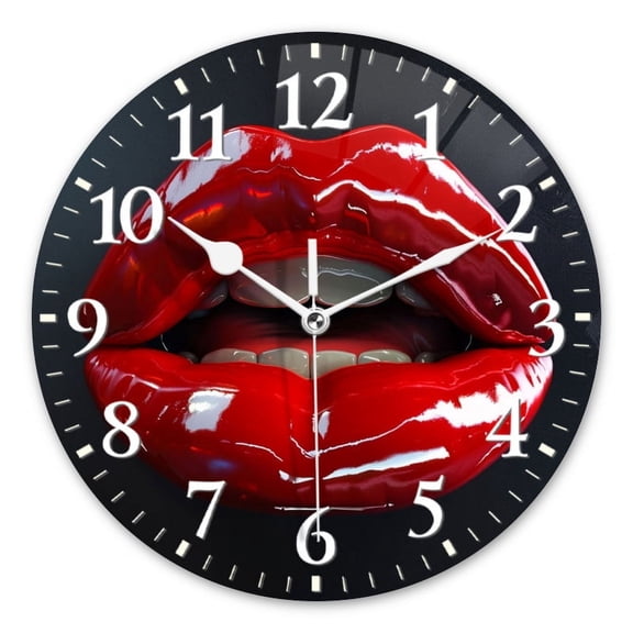 Personalized Wall Clock Non-Ticking Silent Clocks Battery Operated Round Clocks Decorative for Bathroom,Office-Glossy Red-Lipped With White Teeth(12inch)