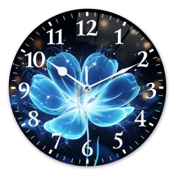 Decorative Round Wall Clocks Non-Ticking Silent Battery Operated Clocks with Photo for Bedroom,Living Room-Glowing Blue Flower With An Ethereal Glow(12inch)