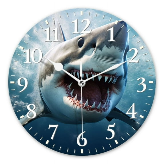Non-Ticking Silent Wall Clocks Battery Operated Personalized Decor Clock for Living Room,Bedroom-Great White Shark Open Mouth With Sharp Teeth(12inch)