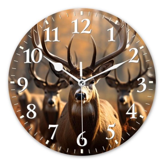 Personalized Wall Clock Non-Ticking Silent Clocks Battery Operated Round Clocks Decorative for Bathroom,Office-Group Of Majestic Deer With Impressive Antlers Standing In Autumn Forest(14inch)