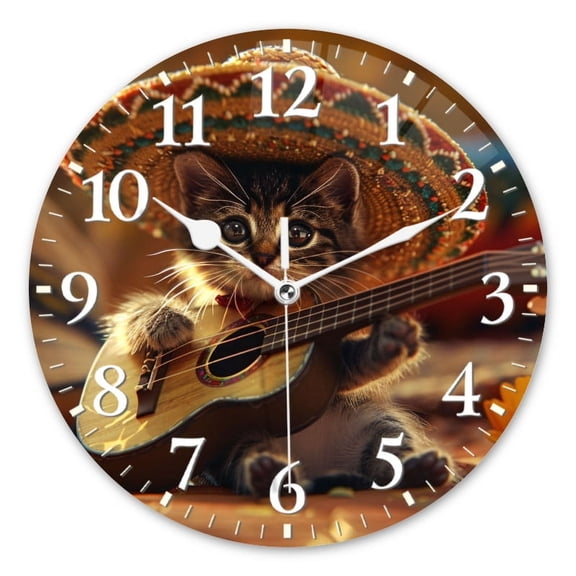 Personalized Wall Clock Non-Ticking Silent Clocks Battery Operated Round Clocks Decorative for Bathroom,Office-Kitten Wearing Sombrero And Playing Guitar(14inch)