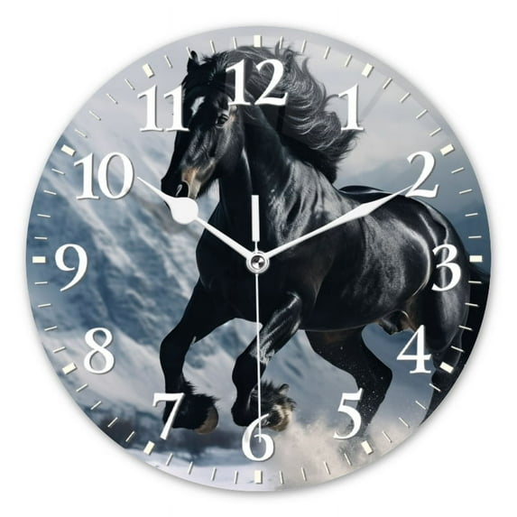Personalized Wall Clock Non-Ticking Silent Clocks Battery Operated Round Clocks Decorative for Bathroom,Office-Majestic Black Horse Galloping Freely In The Snow-Covered Mountains(14inch)