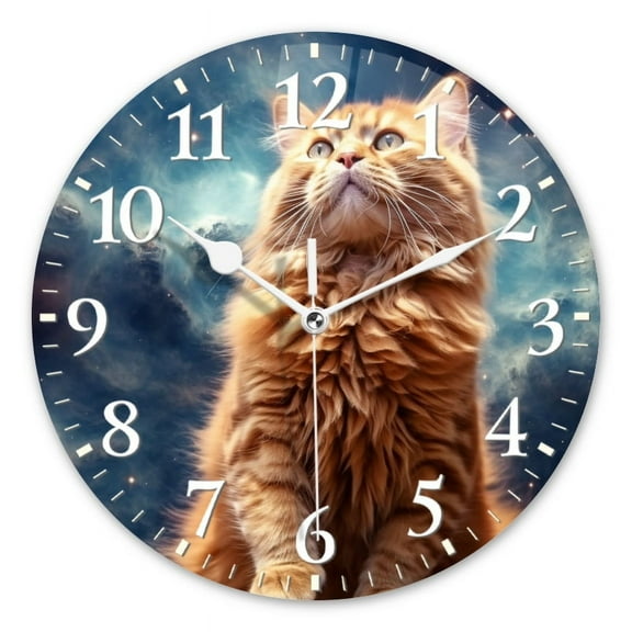 Personalized Wall Clock Non-Ticking Silent Clocks Battery Operated Round Clocks Decorative for Bathroom,Office-Orange Cat With Long Fur Standing Upright And Looking Up(10inch)