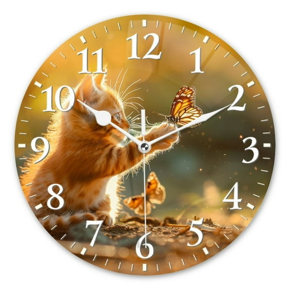 Personalized Wall Clock Non-Ticking Silent Clocks Battery Operated Round Clocks Decorative for Bathroom,Office-Orange Kitten Playing With Butterflies In The Sunlight(10inch)
