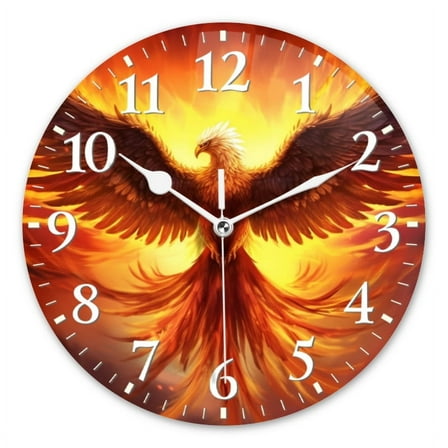 Personalized Wall Clock Non-Ticking Silent Clocks Battery Operated Round Clocks Decorative for Bathroom,Office-Phoenix Rising From The Ashes With Glowing Fire(14inch)