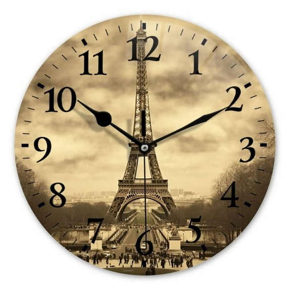 Personalized Wall Clock Non-Ticking Silent Clocks Battery Operated Round Clocks Decorative for Bathroom,Office-Sepia-Toned Photograph Captures The Eiffel Tower In Paris(16inch)