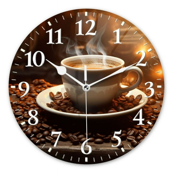 Personalized Wall Clock Non-Ticking Silent Clocks Battery Operated Round Clocks Decorative for Bathroom,Office-Steaming Cup Of Coffee Surrounded By Scattered Coffee Beans(12inch)