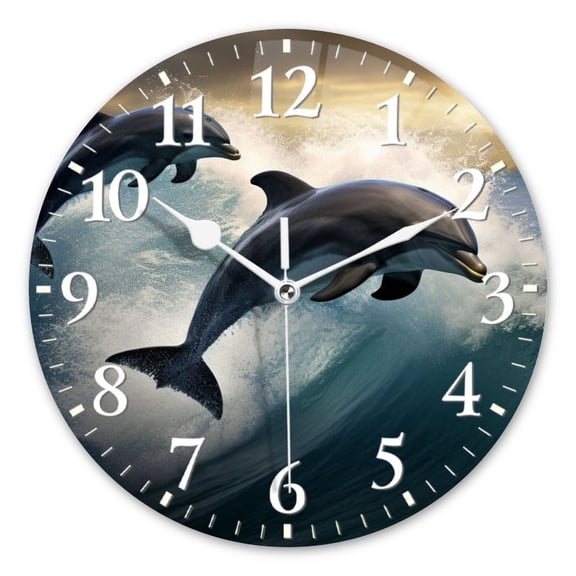 Personalized Wall Clock Non-Ticking Silent Clocks Battery Operated Round Clocks Decorative for Bathroom,Office-Two Dolphins Jumping Out Of The Water On Top Of An Ocean Wave(12inch)