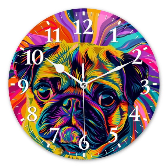 Personalized Wall Clock Non-Ticking Silent Clocks Battery Operated Round Clocks Decorative for Bathroom,Office-Vibrant Pug Portrait In The Style Of Psychedelic Art(14inch)
