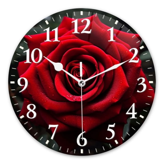Decorative Round Wall Clocks Non-Ticking Silent Battery Operated Clocks with Photo for Bedroom,Living Room-Vibrant Red Rose With Dew Drops Symbolizing Love And Passion(12inch)