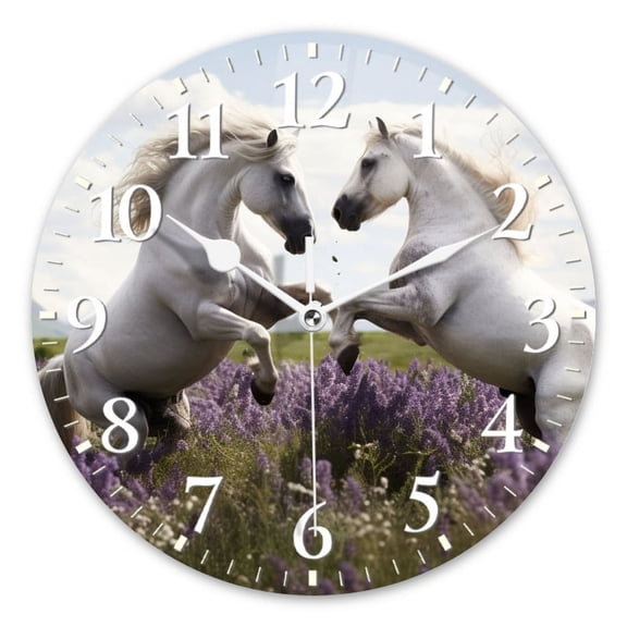 Personalized Wall Clock Non-Ticking Silent Clocks Battery Operated Round Clocks Decorative for Bathroom,Office-White Horses Playing In Field Of Purple Flowers(10inch)