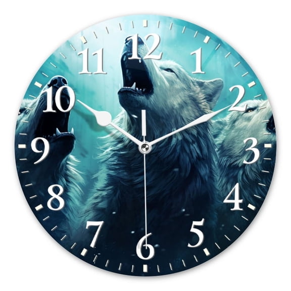 Personalized Wall Clock Non-Ticking Silent Clocks Battery Operated Round Clocks Decorative for Bathroom,Office-White Wolves Howling In The Style Of Fantasy Art(12inch)