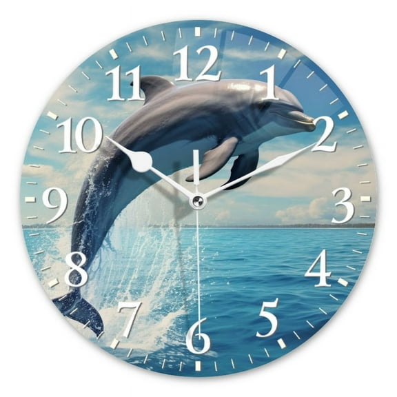 Decorative Round Wall Clocks Non-Ticking Silent Battery Operated Clocks with Photo for Bedroom,Living Room-Dolphin Jumping Out Of The Sea(10inch)