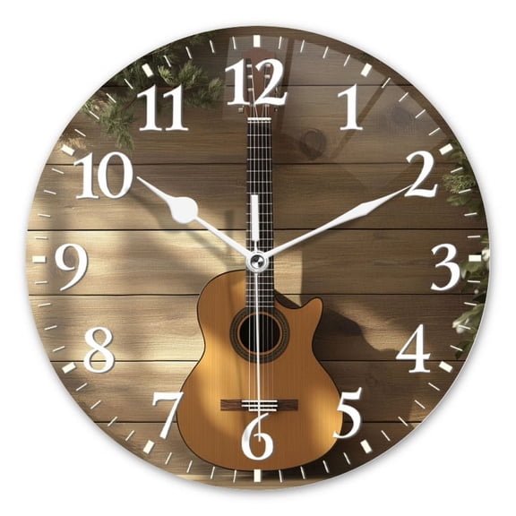 Decorative Round Wall Clocks Non-Ticking Silent Battery Operated Clocks with Photo for Bedroom,Living Room-Guitar Sitting On Shelf(14inch)