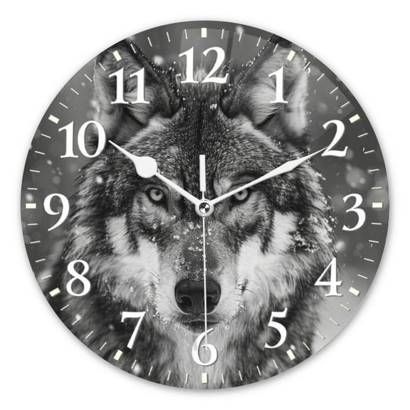 Decorative Round Wall Clocks Non-Ticking Silent Battery Operated Clocks with Photo for Bedroom,Living Room-Majestic Wolf In The Snow(10inch)