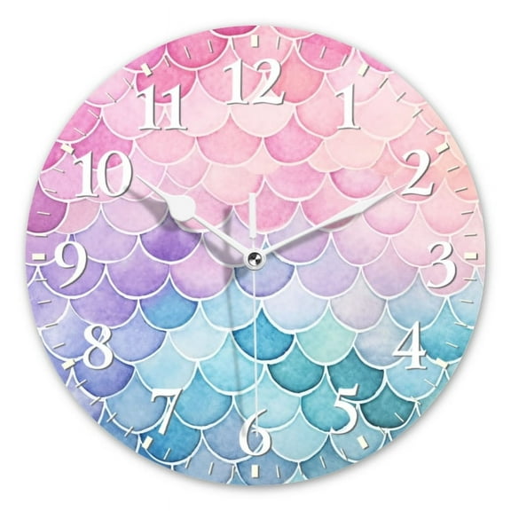 Personalized Wall Clock Non-Ticking Silent Clocks Battery Operated Round Clocks Decorative for Bathroom,Office-Watercolor Mermaid Scales(12inch)