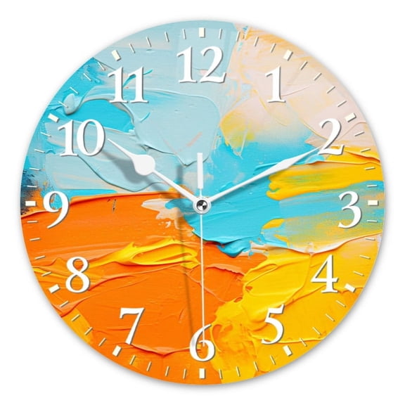 Decorative Round Wall Clocks Non-Ticking Silent Battery Operated Clocks with Photo for Bedroom,Living Room-Abstract Orange And Blue Background With Yellow Brush Strokes(10inch)