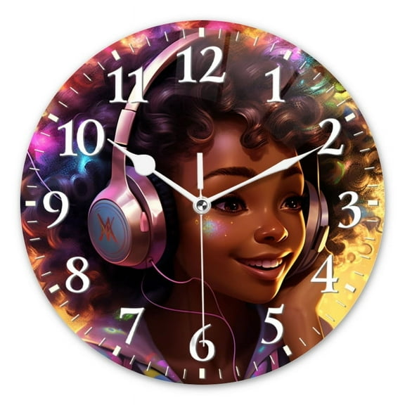 Personalized Wall Clock Non-Ticking Silent Clocks Battery Operated Round Clocks Decorative for Bathroom,Office-African American Girl With Curly Hair Wearing Headphones(12inch)