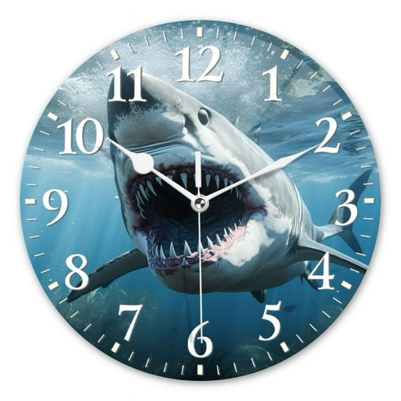 Non-Ticking Silent Wall Clocks Battery Operated Personalized Decor Clock for Living Room,Bedroom-Angry Great White Shark Underwater With Mouth Open And Sharp Teeth Showing(14inch)