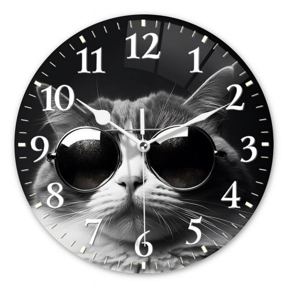 Non-Ticking Silent Wall Clocks Battery Operated Personalized Decor Clock for Living Room,Bedroom-Black-And-White Photograph Of Cool Cat Wearing Sunglasses(10inch)