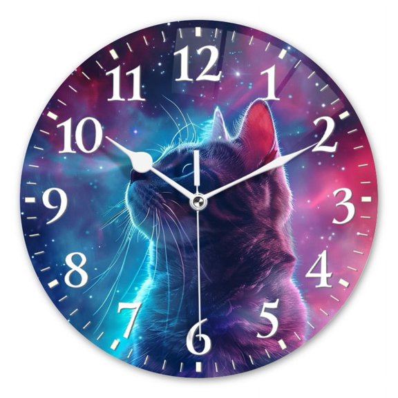 Non-Ticking Silent Wall Clocks Battery Operated Personalized Decor Clock for Living Room,Bedroom-Cat With Vibrant Colors Gazing At The Stars(10inch)