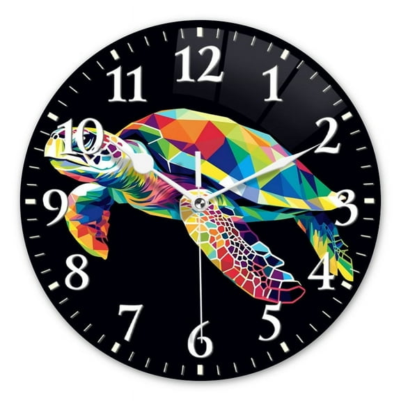 Personalized Wall Clock Non-Ticking Silent Clocks Battery Operated Round Clocks Decorative for Bathroom,Office-Colorful Geometric Sea Turtle Vector Illustration On Black Background(12inch)