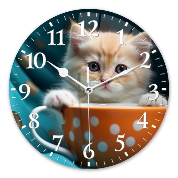 Decorative Round Wall Clocks Non-Ticking Silent Battery Operated Clocks with Photo for Bedroom,Living Room-Cute Orange Kitten Sitting In Polka Dot Coffee Cup(10inch)