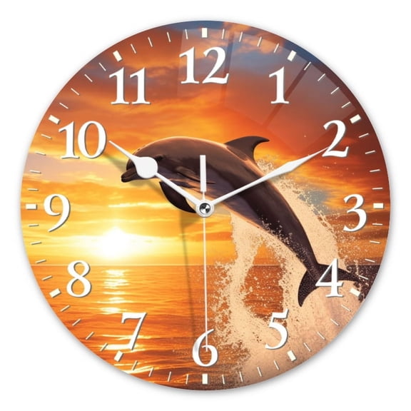 Non-Ticking Silent Wall Clocks Battery Operated Personalized Decor Clock for Living Room,Bedroom-Dolphins Jumping At Sunset With An Orange And Blue Sky(10inch)
