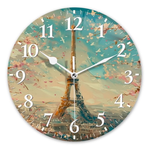Non-Ticking Silent Wall Clocks Battery Operated Personalized Decor Clock for Living Room,Bedroom-Eiffel Tower Surrounded By Blooming Cherry Blossoms(10inch)