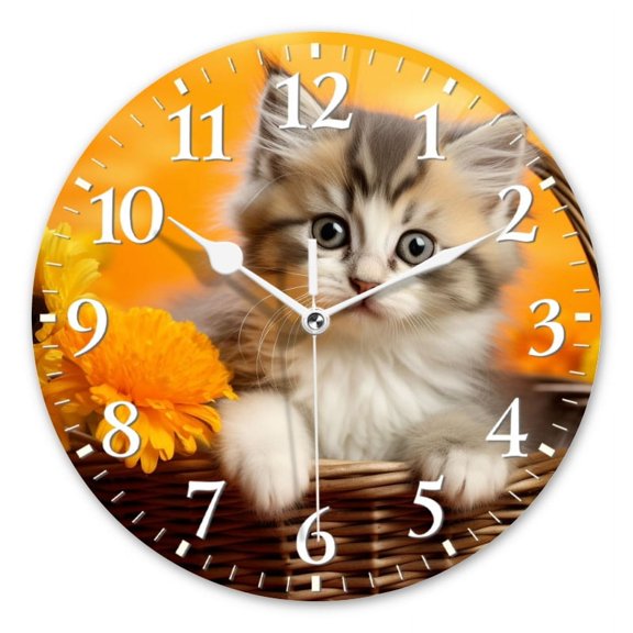Non-Ticking Silent Wall Clocks Battery Operated Personalized Decor Clock for Living Room,Bedroom-Fluffy Kitten Sitting In Basket With Yellow Flowers On Orange(10inch)