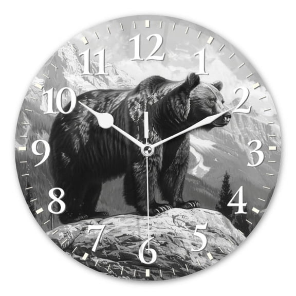 Decorative Round Wall Clocks Non-Ticking Silent Battery Operated Clocks with Photo for Bedroom,Living Room-Grizzly Bear Standing With Trees In The Background(10inch)