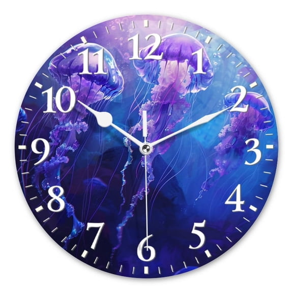 Non-Ticking Silent Wall Clocks Battery Operated Personalized Decor Clock for Living Room,Bedroom-Illustration Of Purple And Blue Jellyfish Floating In The Dark Sea(10inch)