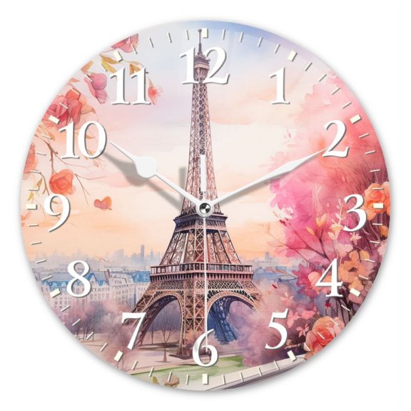 Non-Ticking Silent Wall Clocks Battery Operated Personalized Decor Clock for Living Room,Bedroom-The Eiffel Tower Surrounded By Blooming Flowers(10inch)