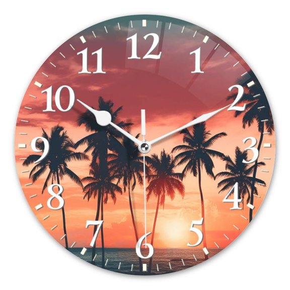 Non-Ticking Silent Wall Clocks Battery Operated Personalized Decor Clock for Living Room,Bedroom-Tropical Beach With Palm Trees Against Sunset Sky Background(10inch)