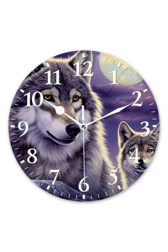 Decorative Round Wall Clocks Non-Ticking Silent Battery Operated Clocks with Photo for Bedroom,Living Room-Under The Full Moon Stood The Majestic Gray Wolf(10inch)