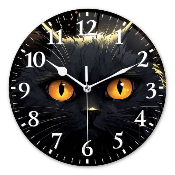 Non-Ticking Silent Wall Clocks Battery Operated Personalized Decor Clock for Living Room,Bedroom-Vector Illustration Of Adorable Black Cat With Glowing Eyes(10inch)