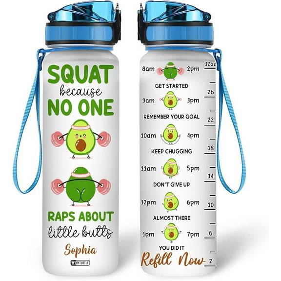 Personalized Water Bottle For Fitness Lover - Birthday- Avocado Squat Because No One - Custom Name 32 Oz Liter Motivational Water Bottle- Gym Water Bottle Gifts For Women, Her, Wife