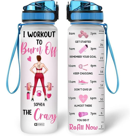 Personalized Water Bottle For Fitness Lover - Birthday- I Workout To Burn Off The Crazy- Custom Name 32 Oz Liter Motivational Water Bottle- Gym Water Bottle Gifts For Women, Her, Wife