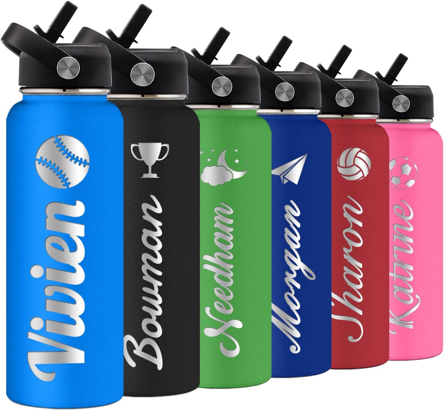 Personalized Stainless Steel Water Bottle With Straw - Custom Name Engraved, 24oz/32oz/40oz, 8 Colors