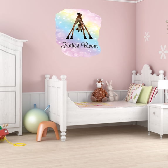 Personalized Watercolor Decal Bedroom Wall Decal for Children Cartoon Art Safari Animal Colorful Art Cute Custom Name Décor - Size: 30 In x 30 In