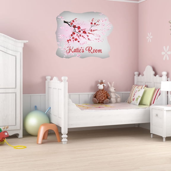 Personalized Watercolor Decal Bedroom Wall Decal for Children Falling Cherry Blossom Flowers Design Cute Custom Name - Size: 30 In x 24 In