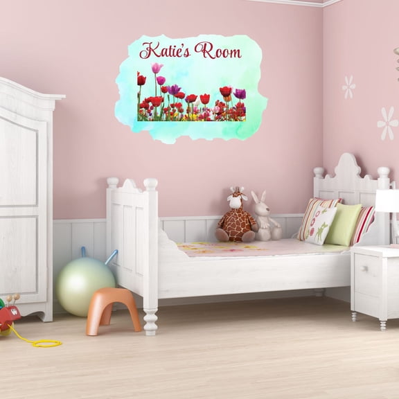 Personalized Watercolor Decal Bedroom Wall Decal for Children Personalize Name Floral Landscape Design Cute Custom Name Décor - Size: 10 In x 7 In