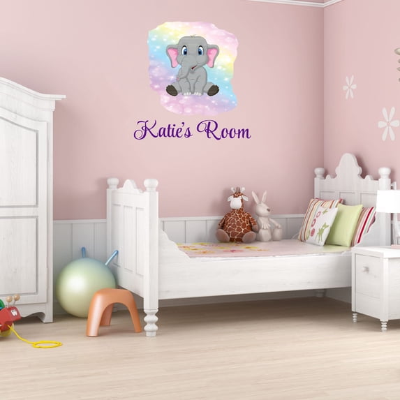 Personalized Watercolor Decal Bedroom Wall Decal for Children Safari Animal Art Colorful Background Cute Custom Name Décor - Size: 27 In x 30 In