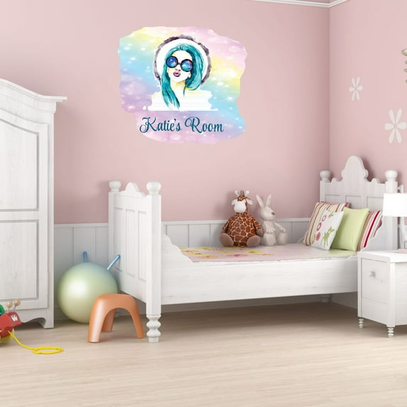 Personalized Watercolor Decal Living Room Wall Decal for Family Girl Pouting Lips Sunglasses Art Design Cute Custom Name Décor - Size: 30 In x 27 In
