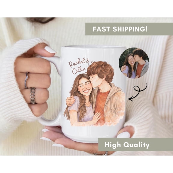 Personalized Watercolor Photo Mug, Custom Picture Coffee Cup, Couple Portrait Gift Idea, Artistic Memory Design