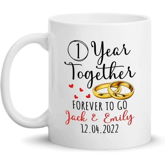 Personalized Wedding Anniversary Mug Gifts For Husband Wife, Custom Year Anniversary Coffee Mug, 1 Year Together Forever To Go Ring Couples Mug 11oz 15oz, Dating Anniversary Cup Gifts For Couples