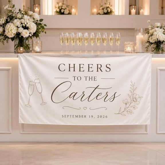 Personalized Wedding Bar Fabric Banner, Cheers Reception Table Sign, Custom Satin Event Decor