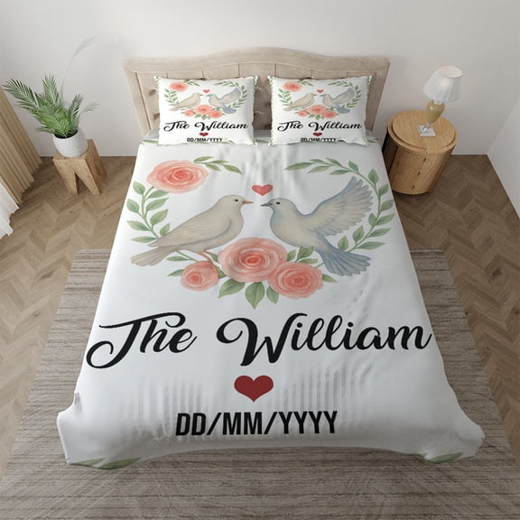 Personalized Wedding Bedding Set for Couples – Custom Name and Date Dove Design Romantic Anniversary Bed Set